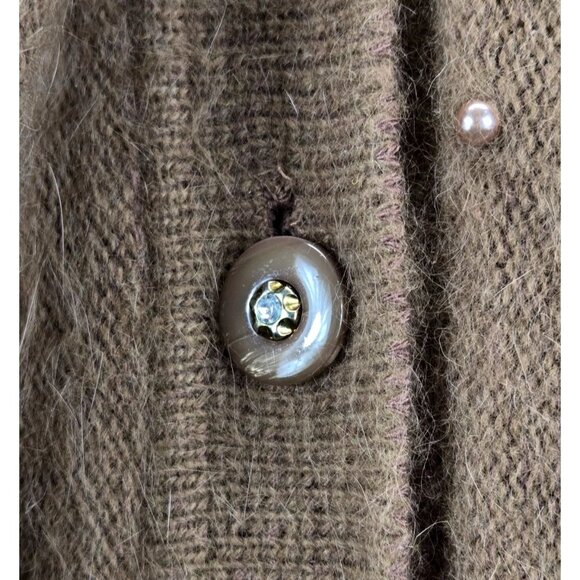 Coco Brown Fuzzy Wool Sweater Cardigan Vtg 80s M Belldini Pearl Beads Angora - Picture 12 of 15